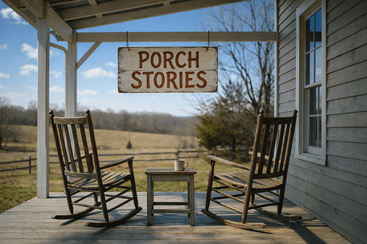 Porch with rocking chairs at night